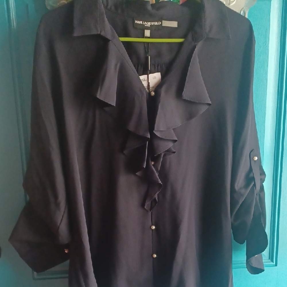 Karl Lagerfeld Women's Navy Blue Ruffle Top Size Large NWT
